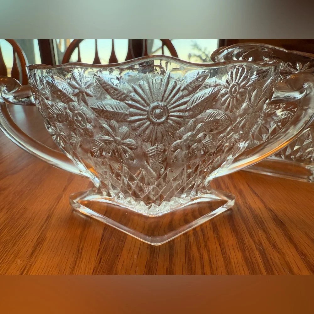 Vintage Indiana Glass Pineapple & Floral Diamond Shaped Creamer & Sugar Bowl